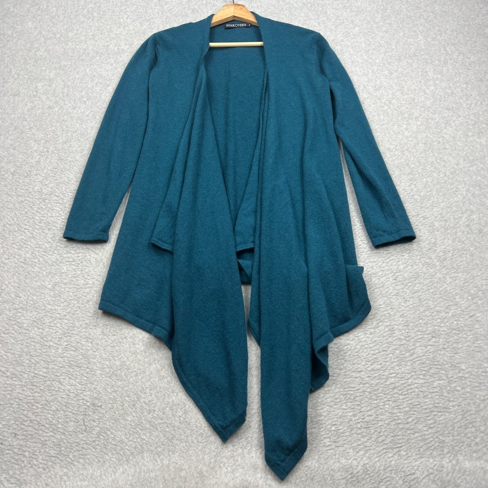 WoolOvers Cardigan Womens Small Teal Merino Wool Cashmere Draped Waterfall Open
